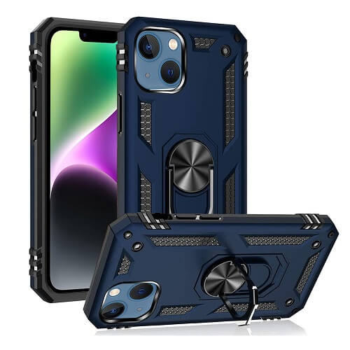 Magnetic Ring Rugged Shockproof Case for Apple iPhone 14 - Robust Heavy-Duty Protective Back Cover in Blue