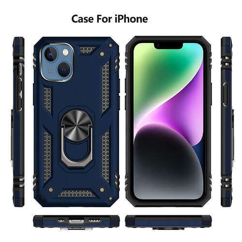 Magnetic Ring Rugged Shockproof Case for Apple iPhone 14 - Robust Heavy-Duty Protective Back Cover in Blue - Image 5