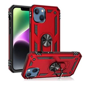 Red Heavy Duty Protective Back Cover with Magnetic Ring for Apple iPhone 14 - Rugged and Shockproof
