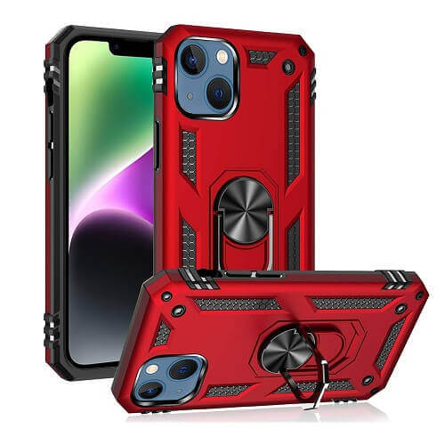 Red Heavy Duty Protective Back Cover with Magnetic Ring for Apple iPhone 14 - Rugged and Shockproof
