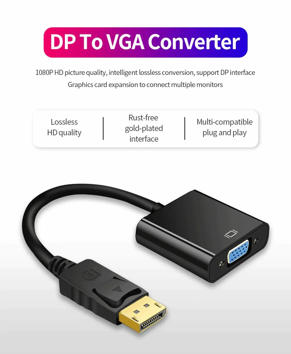 Best Black DisplayPort DP to VGA Adapter 1080P Converter Chromebox For Computer, Desktop, Laptop, PC, Monitor, Projector, HDTV - Image 4